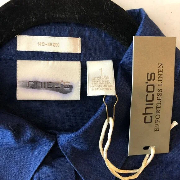 Chicos Button Up Shirt Effortless Linen 3/4 Sleeve Tie Waist Blue Size 1 US M - Picture 3 of 5